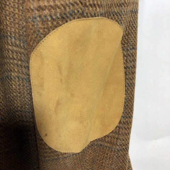 Tweed Plaid Blazer Brown and Blue 46 Two-Button Wool Academia Elbow Patches - Picture 4 of 14